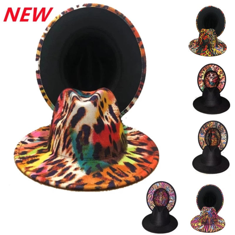 Two-color Fedora Hat color leopard hat stage ladies new felt hat mixed color jazz hat Fedora hat hip hop winter шляпа женская