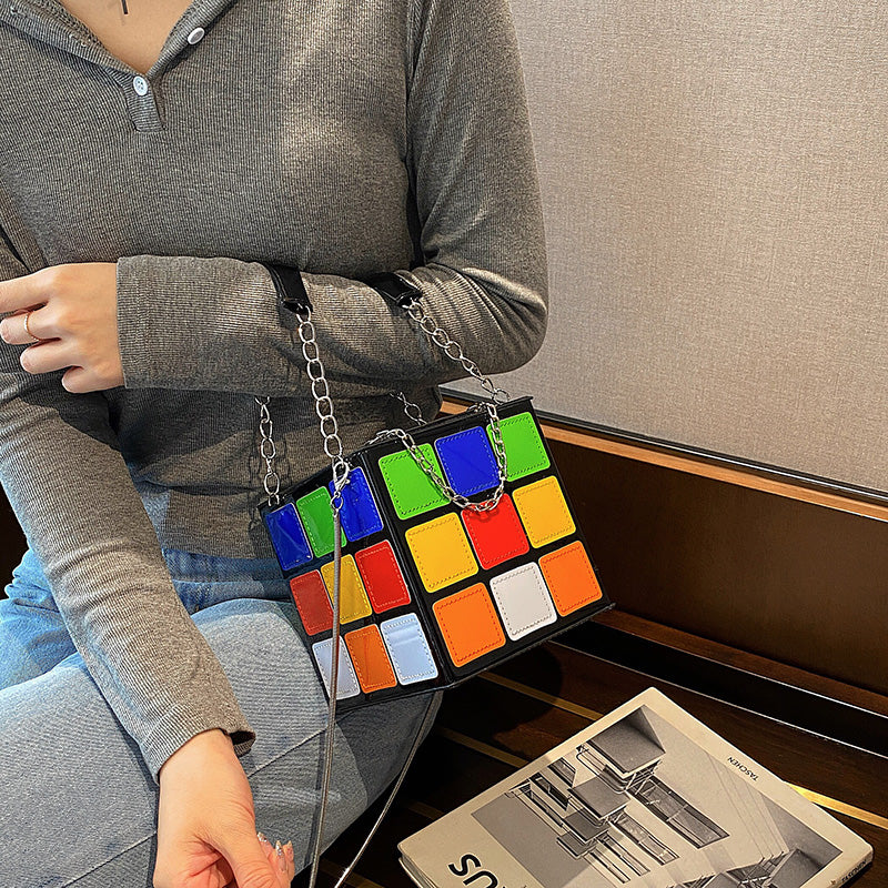 Small Handbags For Women Rubik's Cube Design Women Purse Square Handbag Mini With Metal Chain Leather Crossbody Bag