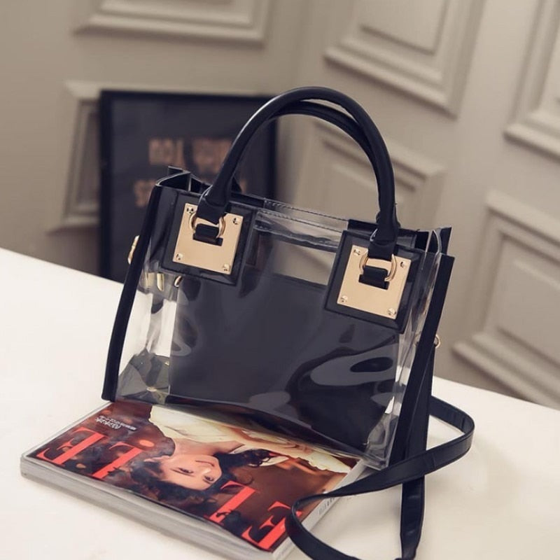 2pcs Women Fashion Shoulder Bag Clear Jelly Transparent Handbag