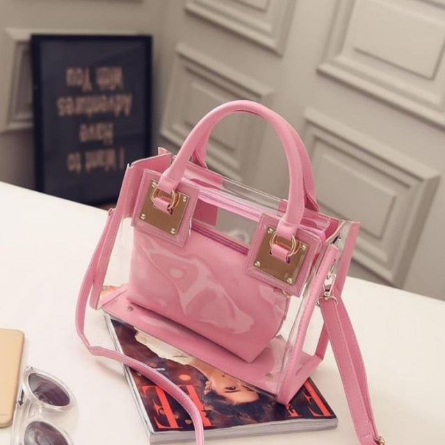 2pcs Women Fashion Shoulder Bag Clear Jelly Transparent Handbag