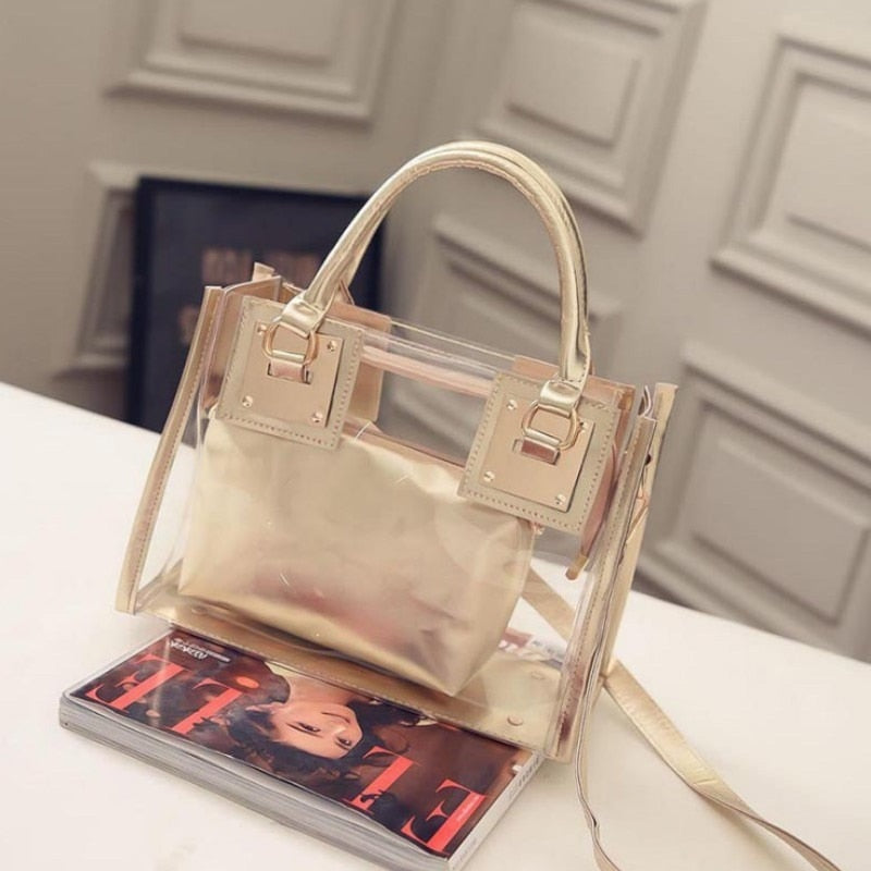 2pcs Women Fashion Shoulder Bag Clear Jelly Transparent Handbag