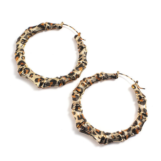 AENSOA 2022 New Punk Leopard Gold Color Round Bamboo Hoop Earrings for Women Bohemia Metal Ring Circle Earrings Popular Jewelry