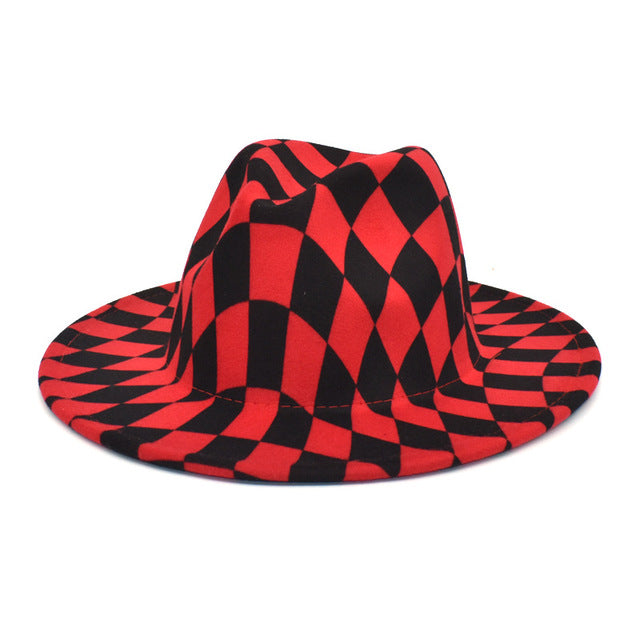 Spring Wool Felt Fedora Hat Unisex Wide Brim Plaid Striped Hats Adult Fashion Trilby Hats Popular Headwear Blend Jazz Man's Cap