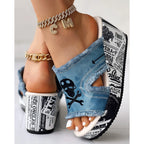 Women Newspaper Skull Raw Hem Platform Wedge Slippers