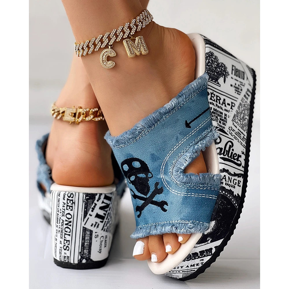 Women Newspaper Skull Raw Hem Platform Wedge Slippers