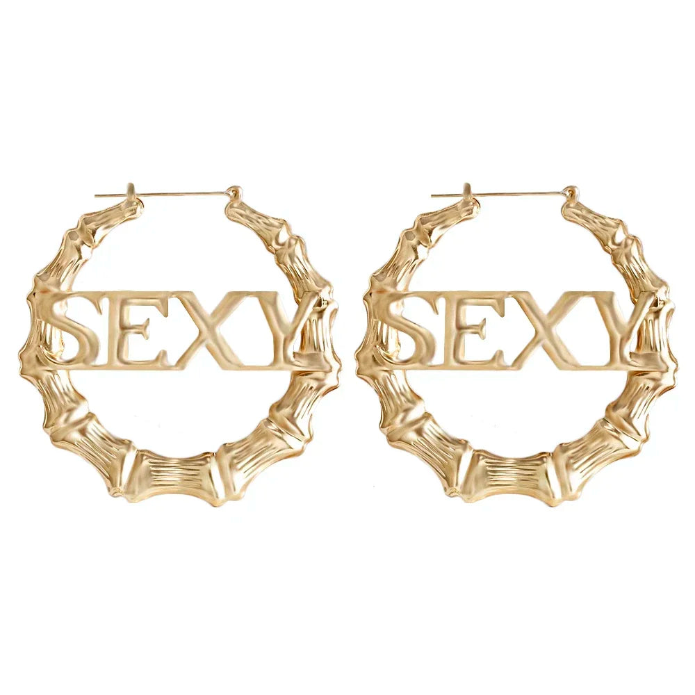 SOHOT Punk Style Bamboo Hoop Earrings Charm Gold Silver Color Letter Sexy Sign Basketball Wives Major Jewelry For Summer Party