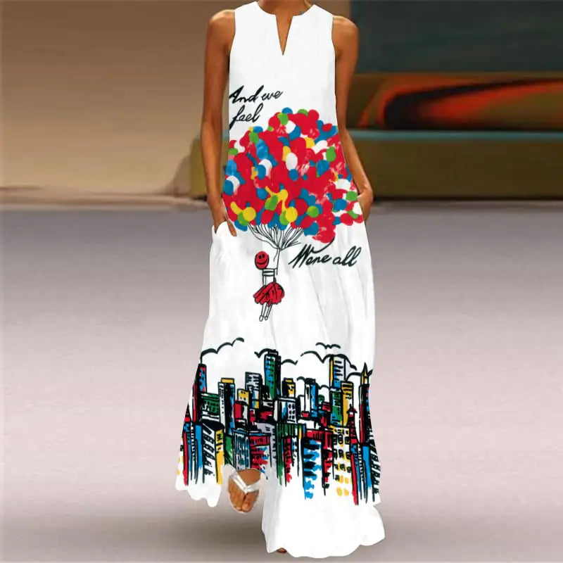 V-Neck Sleeveless Pocket Dress with Digital Print
