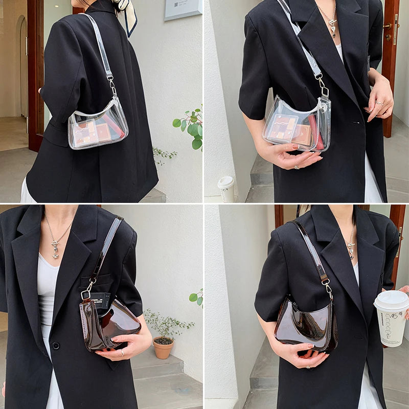 Fashion Vintage Ladies Jelly Solid Color Clear Underarm Bag Casual Women Hobos Handbags Purse Fashion Cell Phone Shoulder Bag