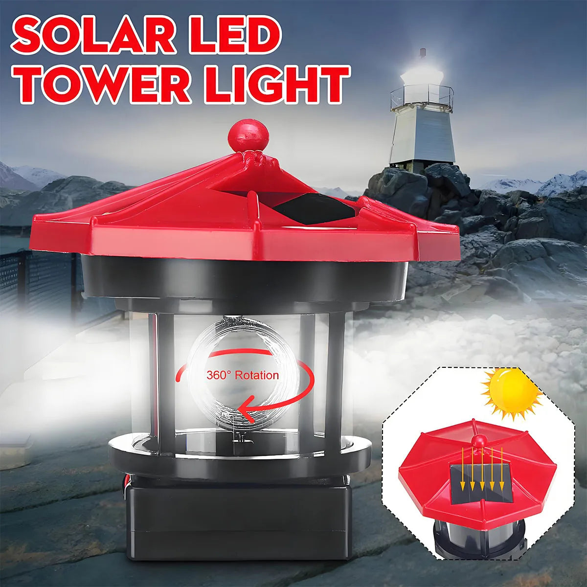 Solar Lighthouse 360 Degree Rotating Light, Waterproof LED Solar Lights, Courtyard Fence, Garden, Statue Lights, Lawn Decoration