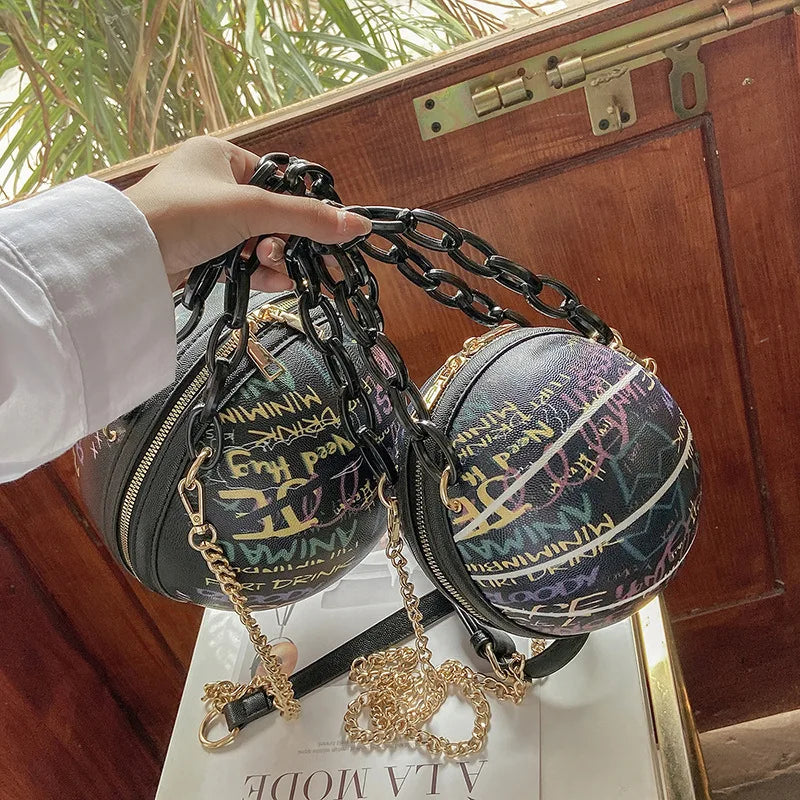 New Summer European and American Graffiti Basketball purse Bag Single Shoulder Crossbody Bag rotundity chain handbag