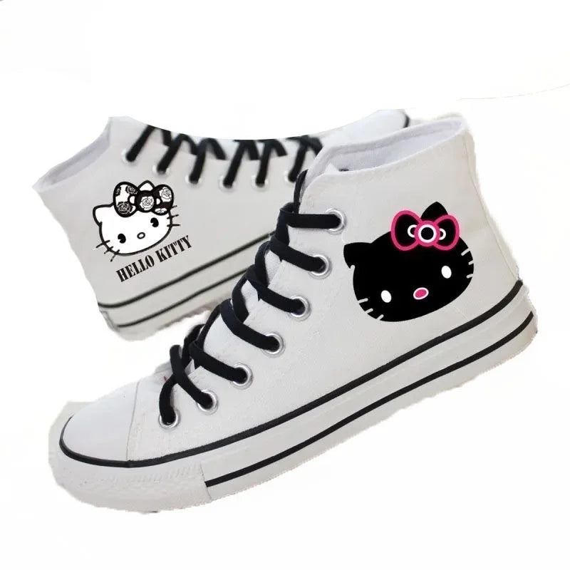 real photos Spring autumn student women's canvas shoes cute Hello Kitty high top board shoes men's couple white casual shoes