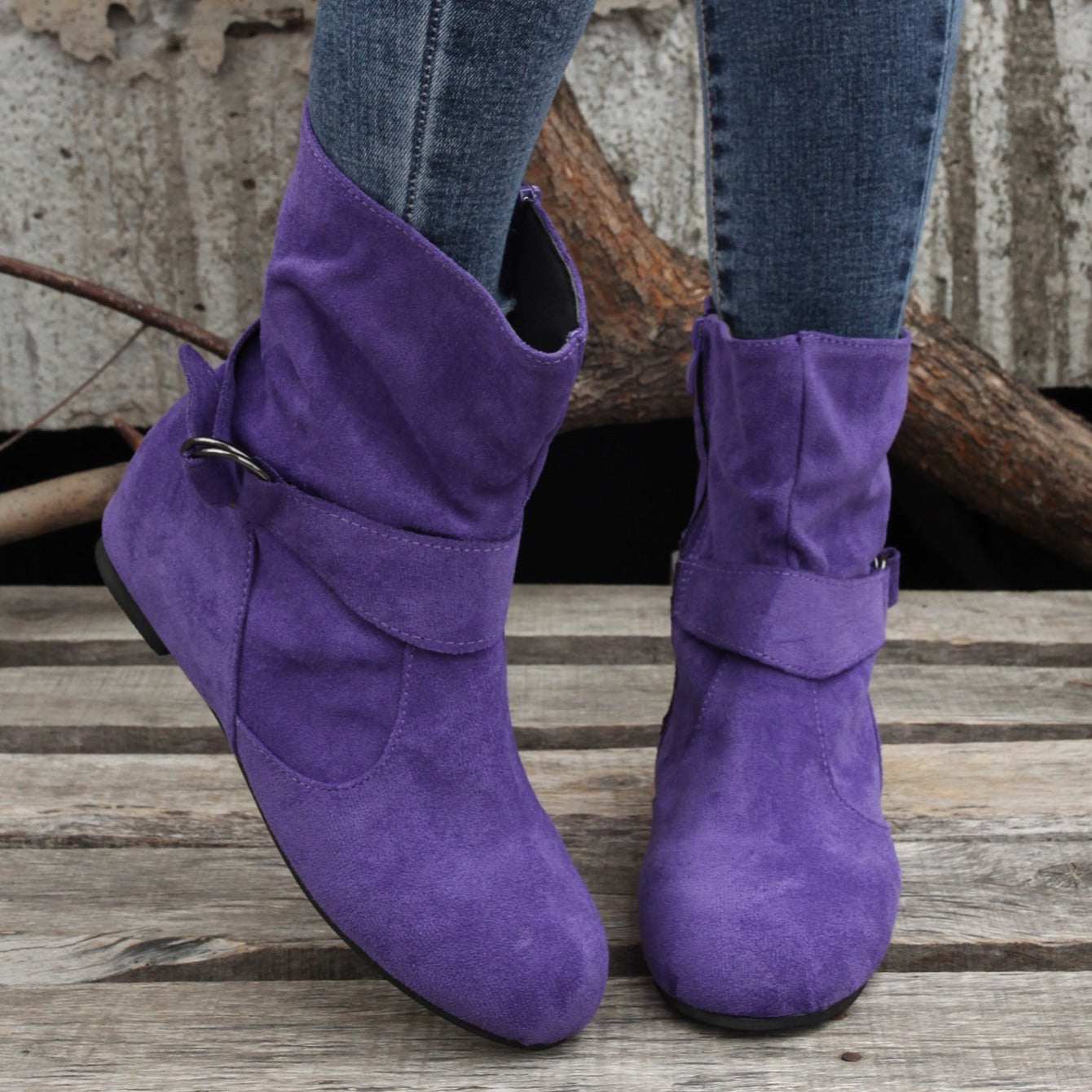 Womens Classic Solid Color Ankle Boots with Round-Toe Design - Fashion Buckle Belt & Side Zipper Closure - Ultra-Comfortable Outdoor Shoes for Stylish Adventures