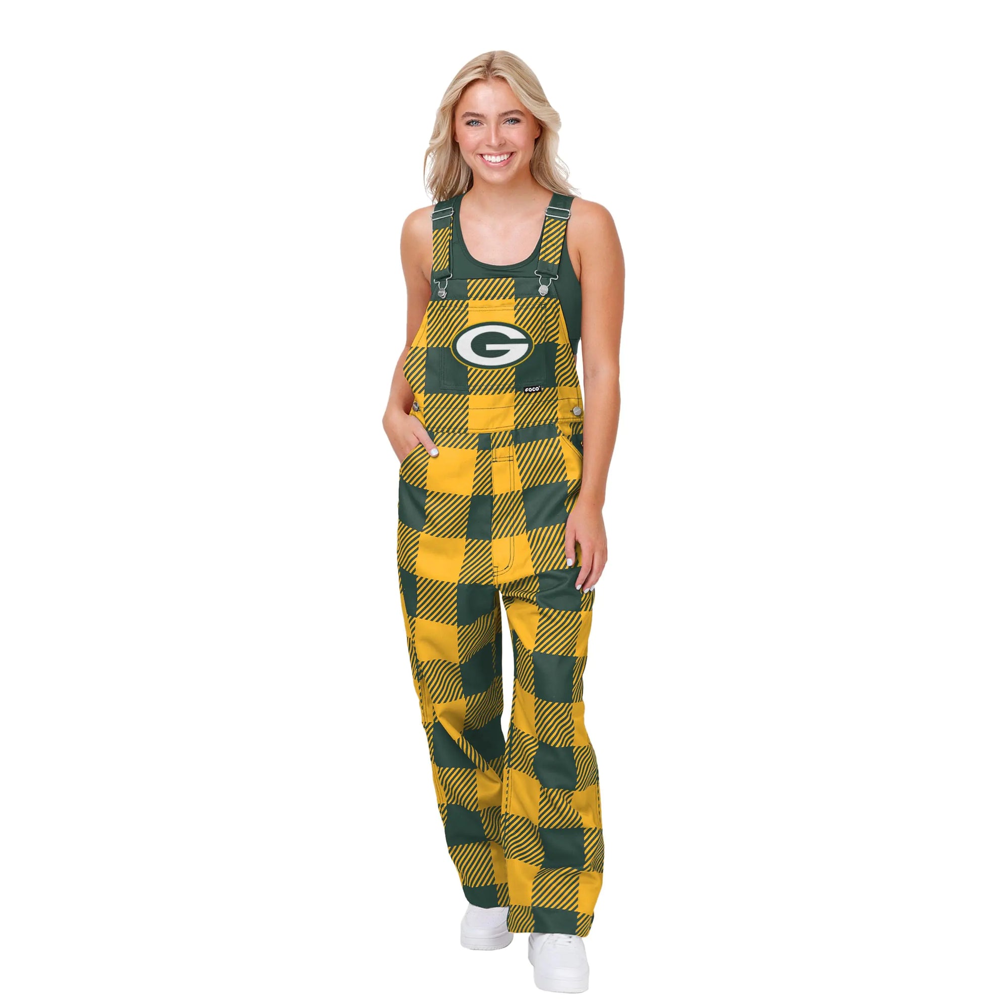 FOCO Green Bay Packers NFL Womens Plaid Bib Overalls - XL