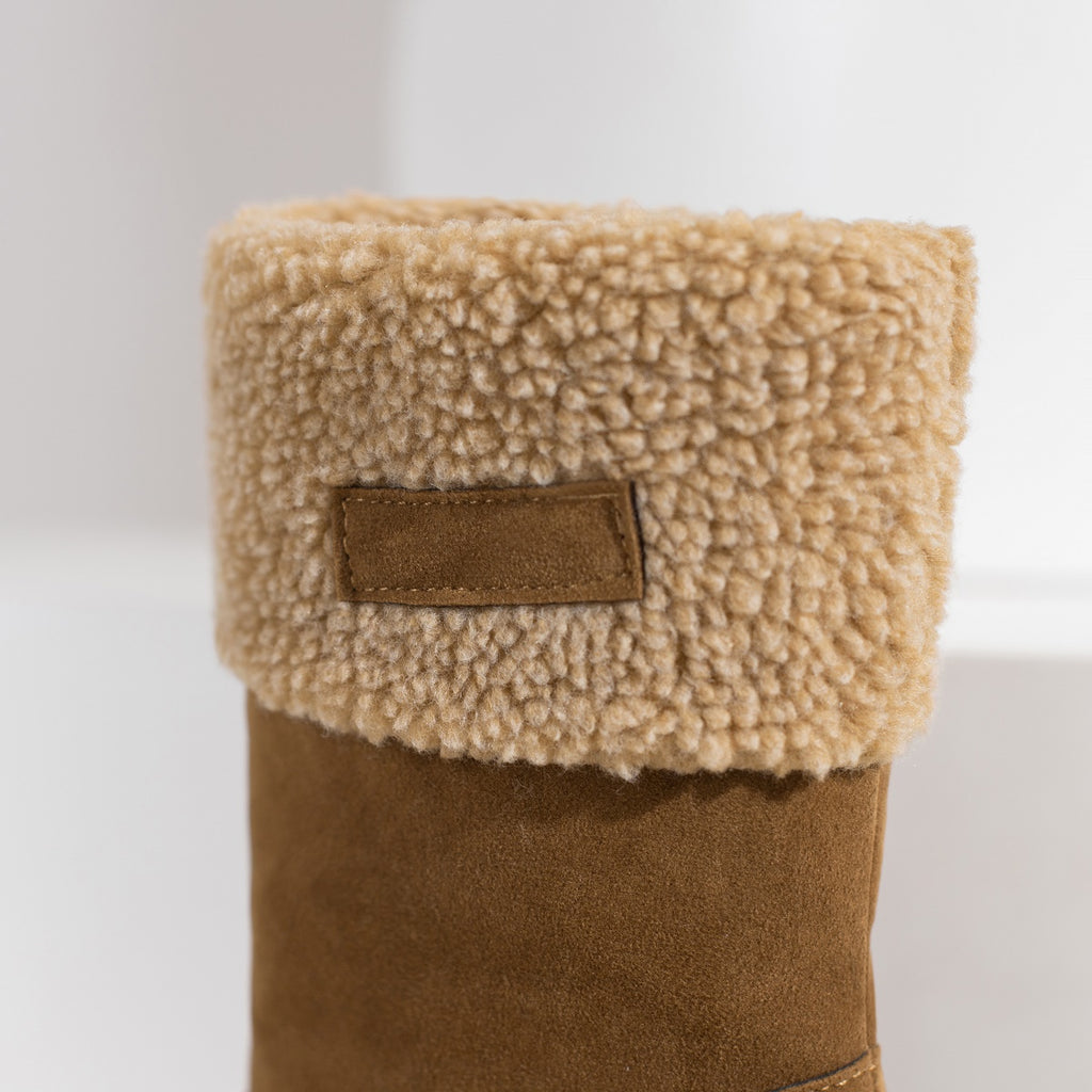 [Faux Fur Lined Boots] Warm Faux Fur Lined Women's Boots - Slip On Block Heeled Ankle Boots - Women's Footwear