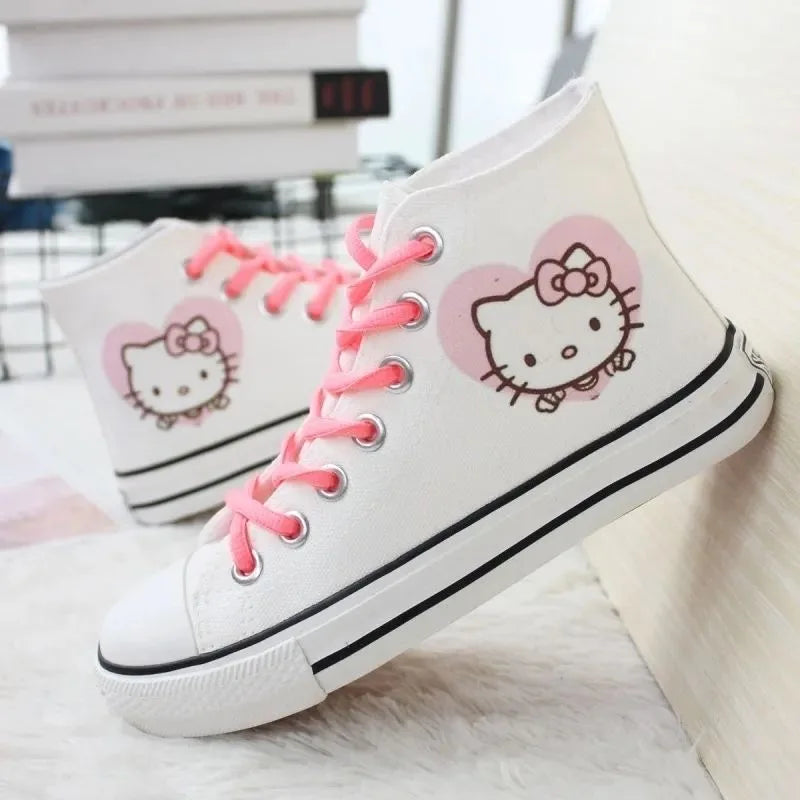 real photos Spring autumn student women's canvas shoes cute Hello Kitty high top board shoes men's couple white casual shoes