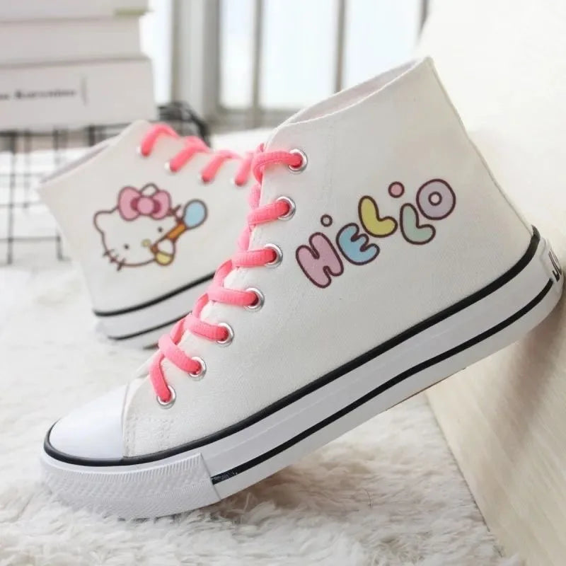 real photos Spring autumn student women's canvas shoes cute Hello Kitty high top board shoes men's couple white casual shoes