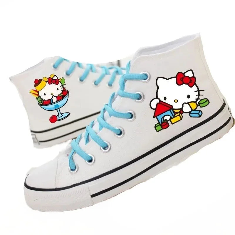 real photos Spring autumn student women's canvas shoes cute Hello Kitty high top board shoes men's couple white casual shoes