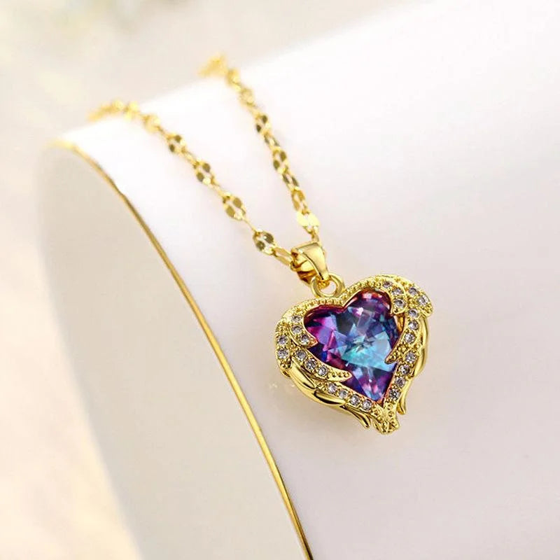Top Luxury Colorful Crystal Ocean Heart Pendant Necklace For Women Trendy 316L Stainless Steel Jewelry Female Wedding Neck Chain