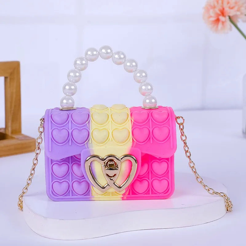 Silicone Love Bubble Jelly Bag, Popper Pressure Relieving Purse, Pop It Handbag With Faux Pearl Handle, Cute Chain Crossbody Bag