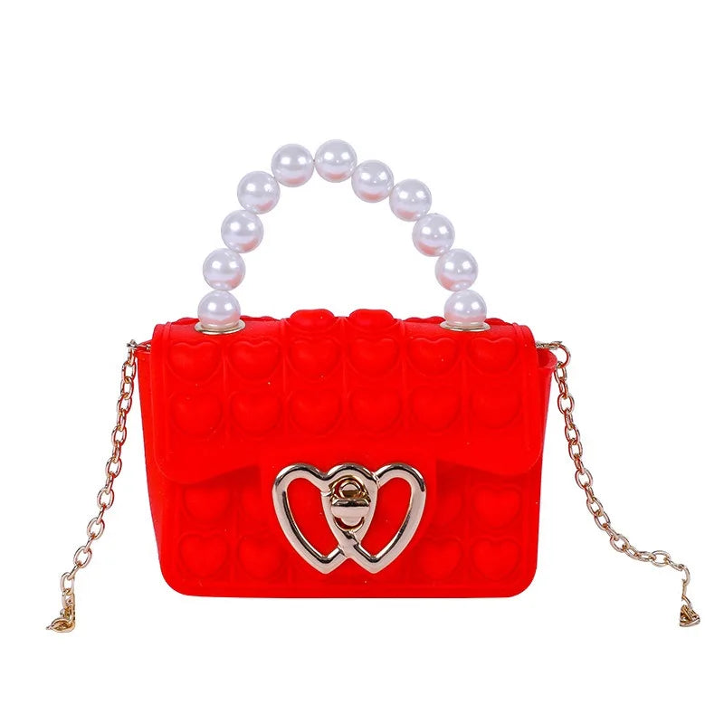 Silicone Love Bubble Jelly Bag, Popper Pressure Relieving Purse, Pop It Handbag With Faux Pearl Handle, Cute Chain Crossbody Bag