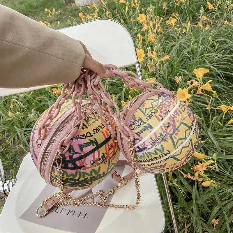 New Summer European and American Graffiti Basketball purse Bag Single Shoulder Crossbody Bag rotundity chain handbag