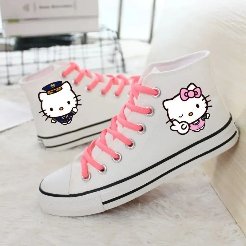 real photos Spring autumn student women's canvas shoes cute Hello Kitty high top board shoes men's couple white casual shoes