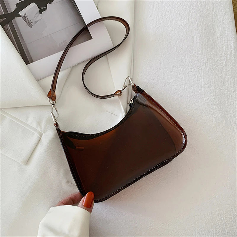 Fashion Vintage Ladies Jelly Solid Color Clear Underarm Bag Casual Women Hobos Handbags Purse Fashion Cell Phone Shoulder Bag