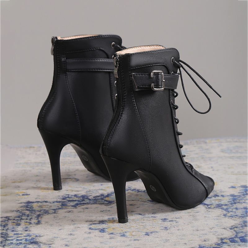 Women's Pointed Toe Lace-up High Heels, Sexy Black Buckle Belt Stiletto Heels Boots, Cross Strap Sandals