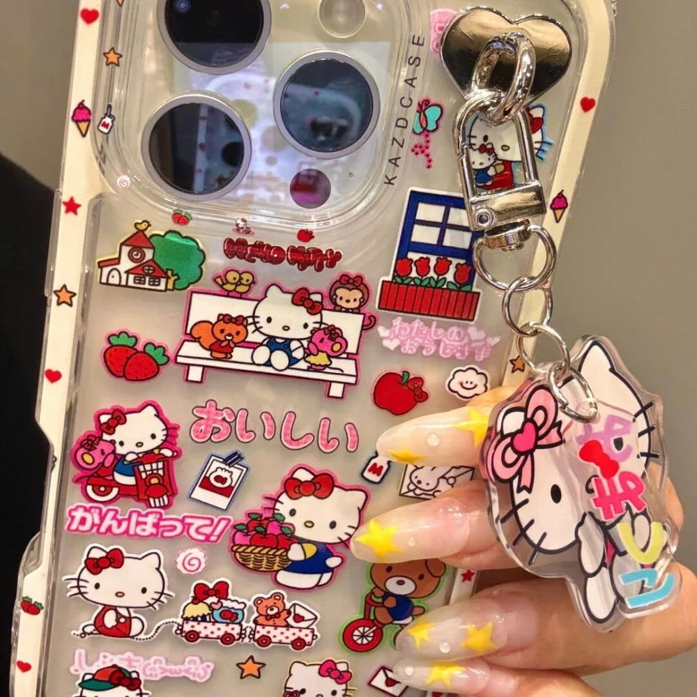 Illustration Hello Kitty Daily Life KT Phone Case For iPhone 13 14 15 16 Pro Max Cartoon Y2k Pink Style Cute Case With Pendant