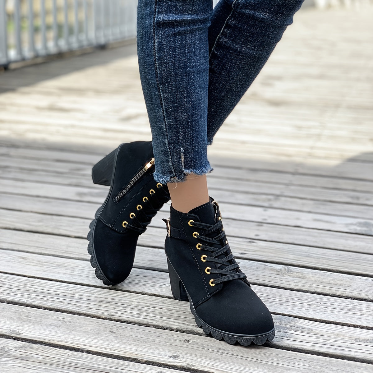 Women's Chunky Heel Ankle Boots - Black Faux Cover Lace-Up Side Zipper Booties with Golden Accents, Cap Toe & Comfortable Block Heel for Casual Outings