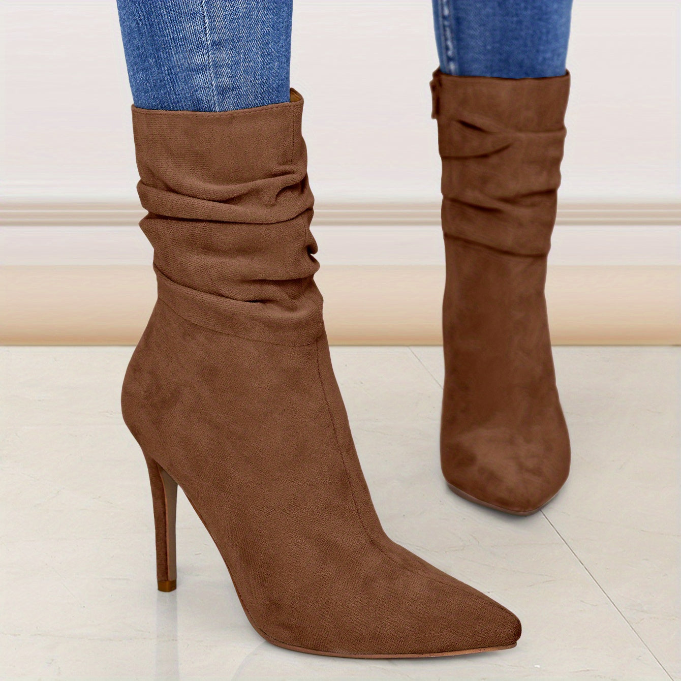 Women's Plain Fashionable Mid-Calf Boots with Zipper for Comfort and Casual Wear, Round Toe in the Middle of Calf