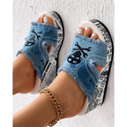 Women Newspaper Skull Raw Hem Platform Wedge Slippers