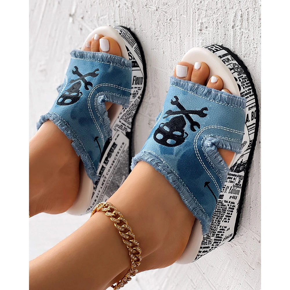 Women Newspaper Skull Raw Hem Platform Wedge Slippers