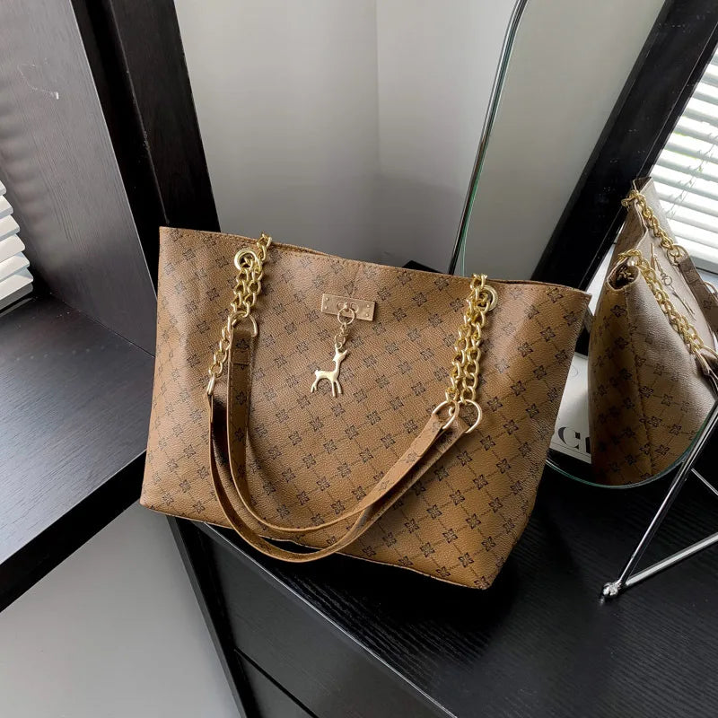 1pcs Fashionable Large Capacity Handbag Texture PU Leather Tote Women Bag with Hanging Accessories Shoulder Bag