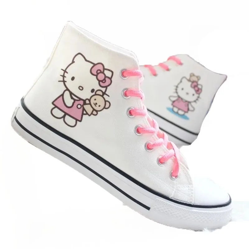 real photos Spring autumn student women's canvas shoes cute Hello Kitty high top board shoes men's couple white casual shoes