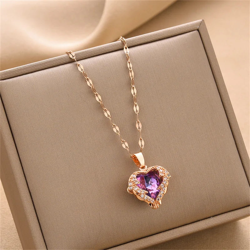 Top Luxury Colorful Crystal Ocean Heart Pendant Necklace For Women Trendy 316L Stainless Steel Jewelry Female Wedding Neck Chain