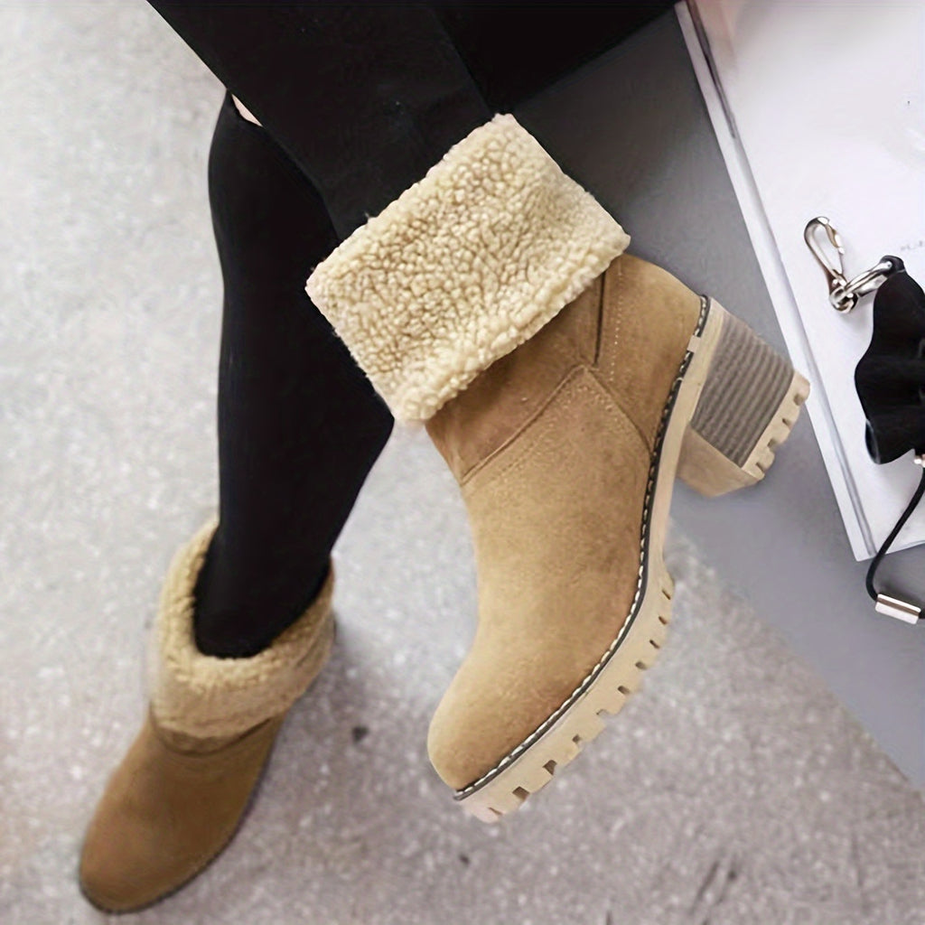 [Faux Fur Lined Boots] Warm Faux Fur Lined Women's Boots - Slip On Block Heeled Ankle Boots - Women's Footwear