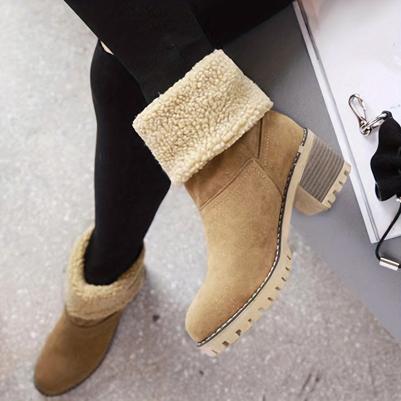 [Faux Fur Lined Boots] Warm Faux Fur Lined Women's Boots - Slip On Block Heeled Ankle Boots - Women's Footwear