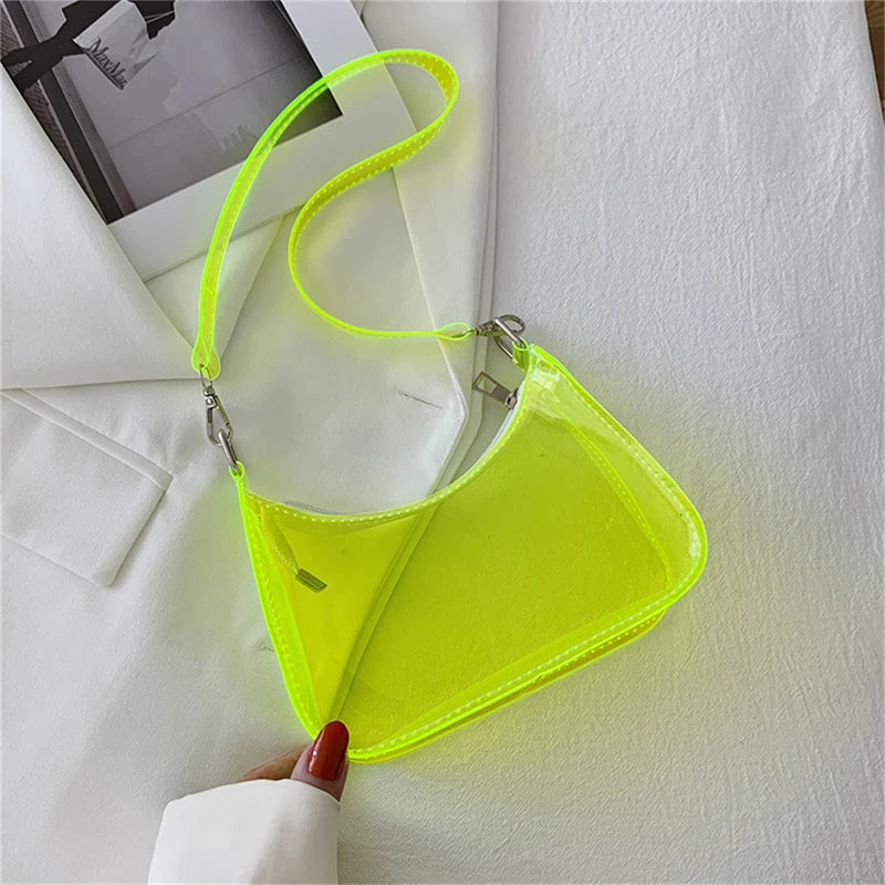 Fashion Vintage Ladies Jelly Solid Color Clear Underarm Bag Casual Women Hobos Handbags Purse Fashion Cell Phone Shoulder Bag