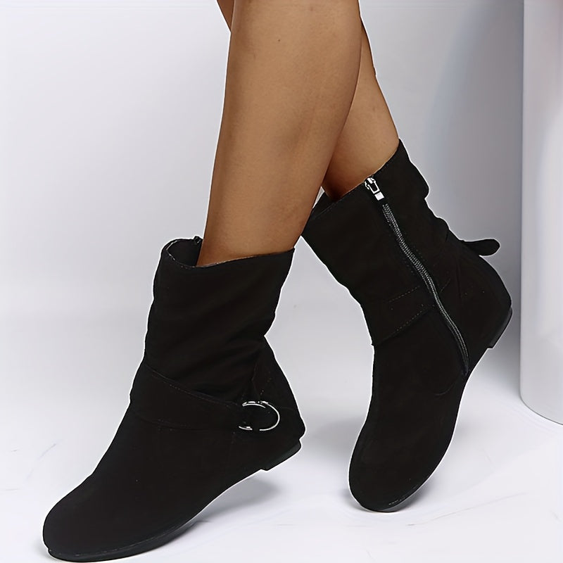 Womens Classic Solid Color Ankle Boots with Round-Toe Design - Fashion Buckle Belt & Side Zipper Closure - Ultra-Comfortable Outdoor Shoes for Stylish Adventures