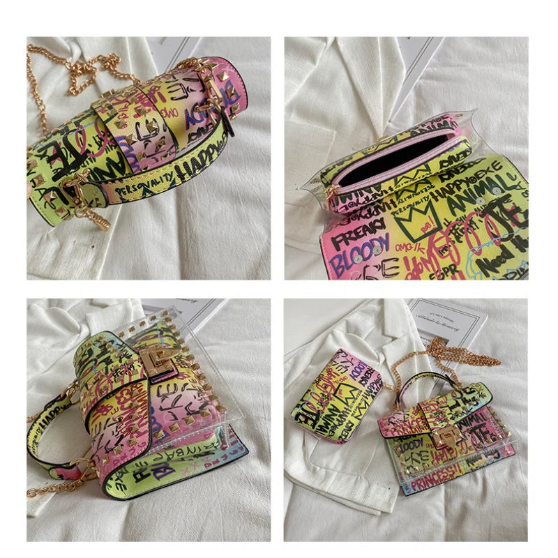 Fashion Shoulder Bag for Ladies High Quality Women Studded Graffiti Crossbody Bags Female Luxury Designer Summer Handbags