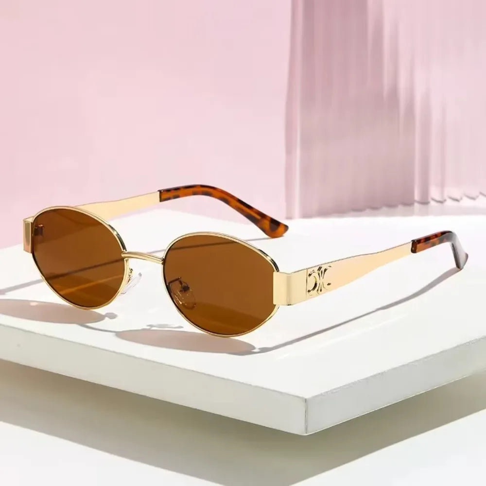 Luxury metal brand men's and women's sunglasses, unisex designer fashion sunglasses, oval shaped unisex fashion glasses