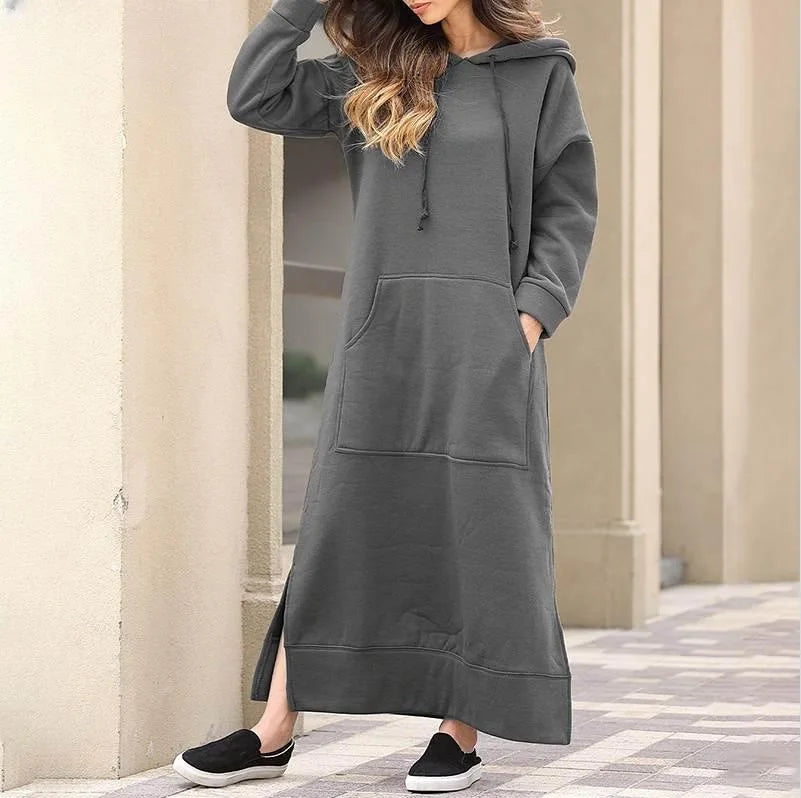 Hoodies Dress for Women Fashion  2024 Hem Lace-up Midi Robe Hooded Long Vestidos Winter Warm Casual Loose Sweatshirt Dress