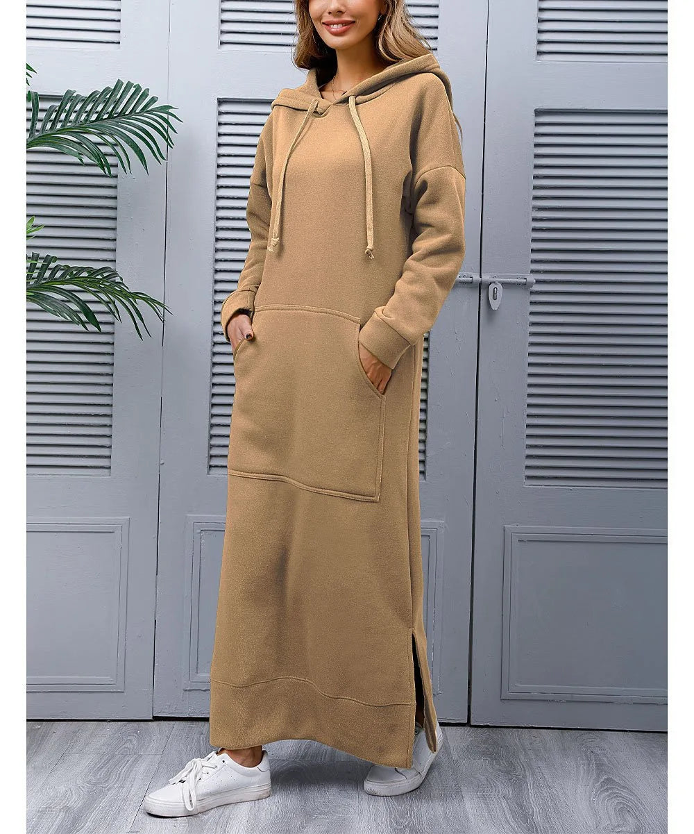Hoodies Dress for Women Fashion  2024 Hem Lace-up Midi Robe Hooded Long Vestidos Winter Warm Casual Loose Sweatshirt Dress