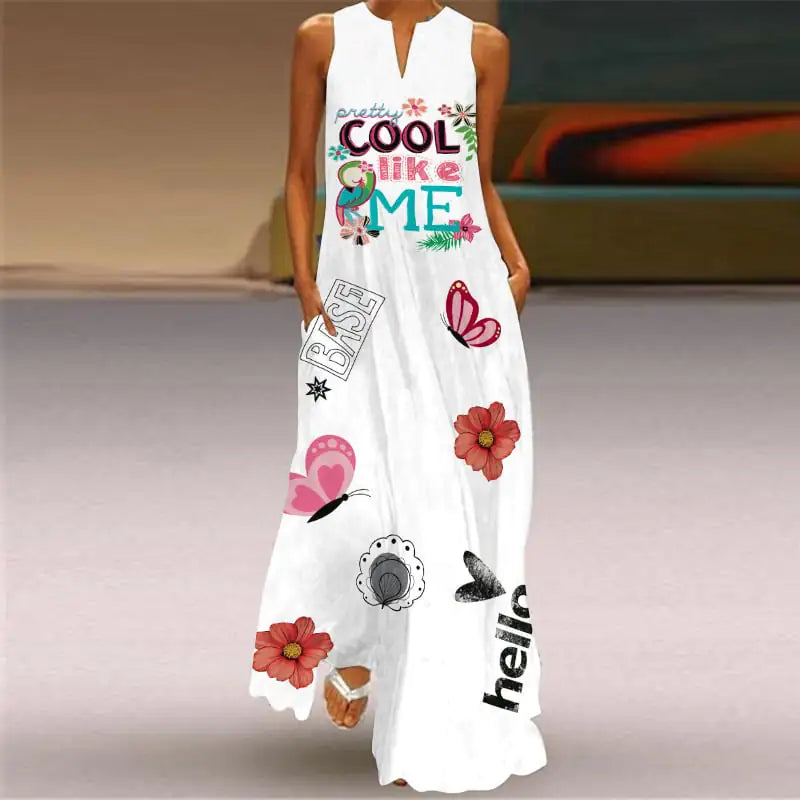 V-Neck Sleeveless Pocket Dress with Digital Print