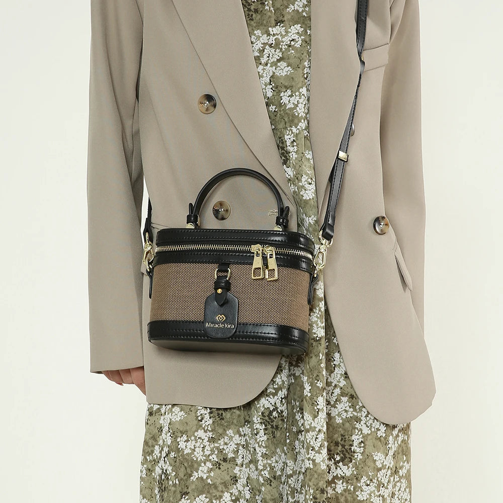 Retro Single Shoulder Crossbody Handbag for Women Fashionable Retro Box Bag with Zip Nylon Contrast Color Bucket Bag