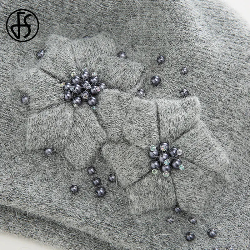 FS Winter Hats For Women Beanie Rabbit Fur 2023 Warm Knitted Hat Flower Double Layers Warm Beret Snow Caps Gorros Femme