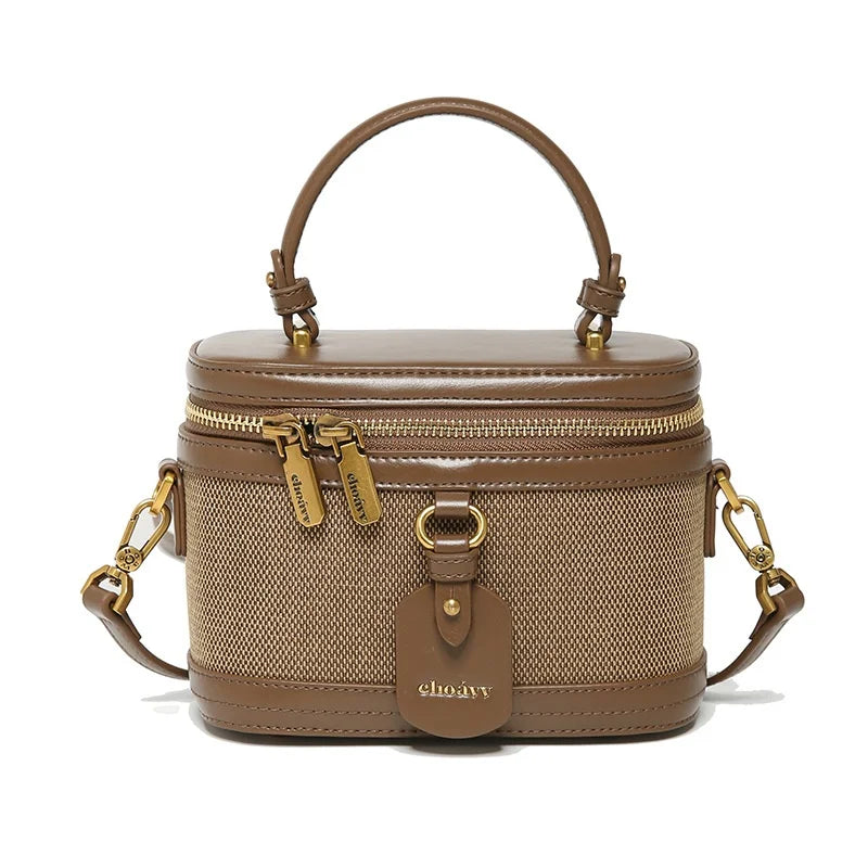Retro Single Shoulder Crossbody Handbag for Women Fashionable Retro Box Bag with Zip Nylon Contrast Color Bucket Bag
