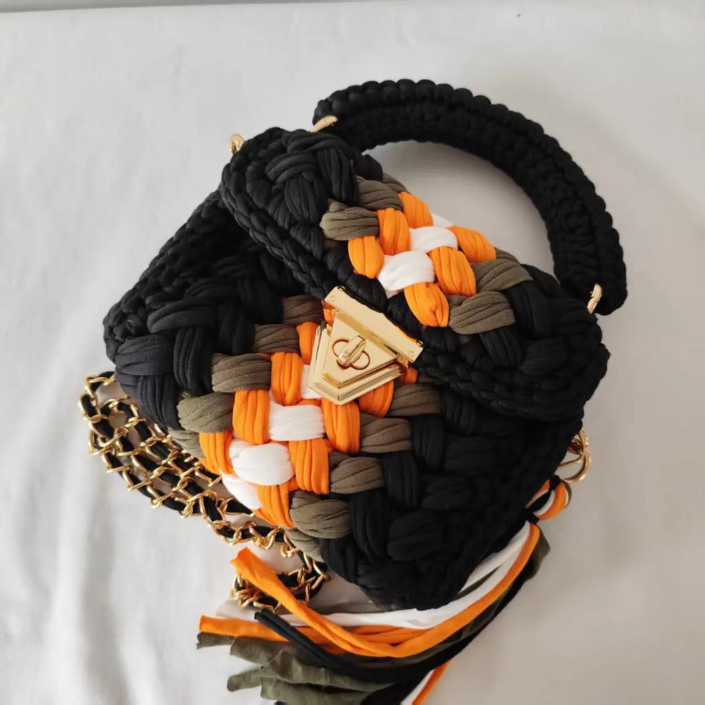 2025 Autumn New Handmade Crochet Color-blocked Strap Chain Handbag