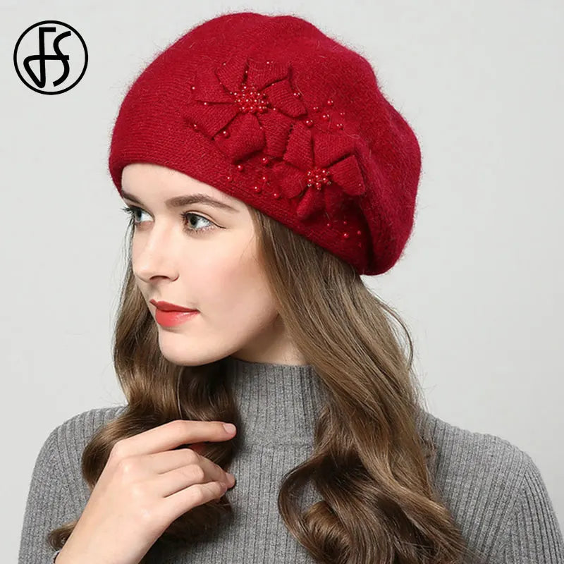 FS Winter Hats For Women Beanie Rabbit Fur 2023 Warm Knitted Hat Flower Double Layers Warm Beret Snow Caps Gorros Femme